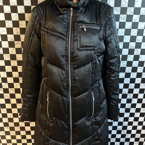 BEBE Long Black Satin Down Puffer Coat SIZE SM - Picture 7 of 10